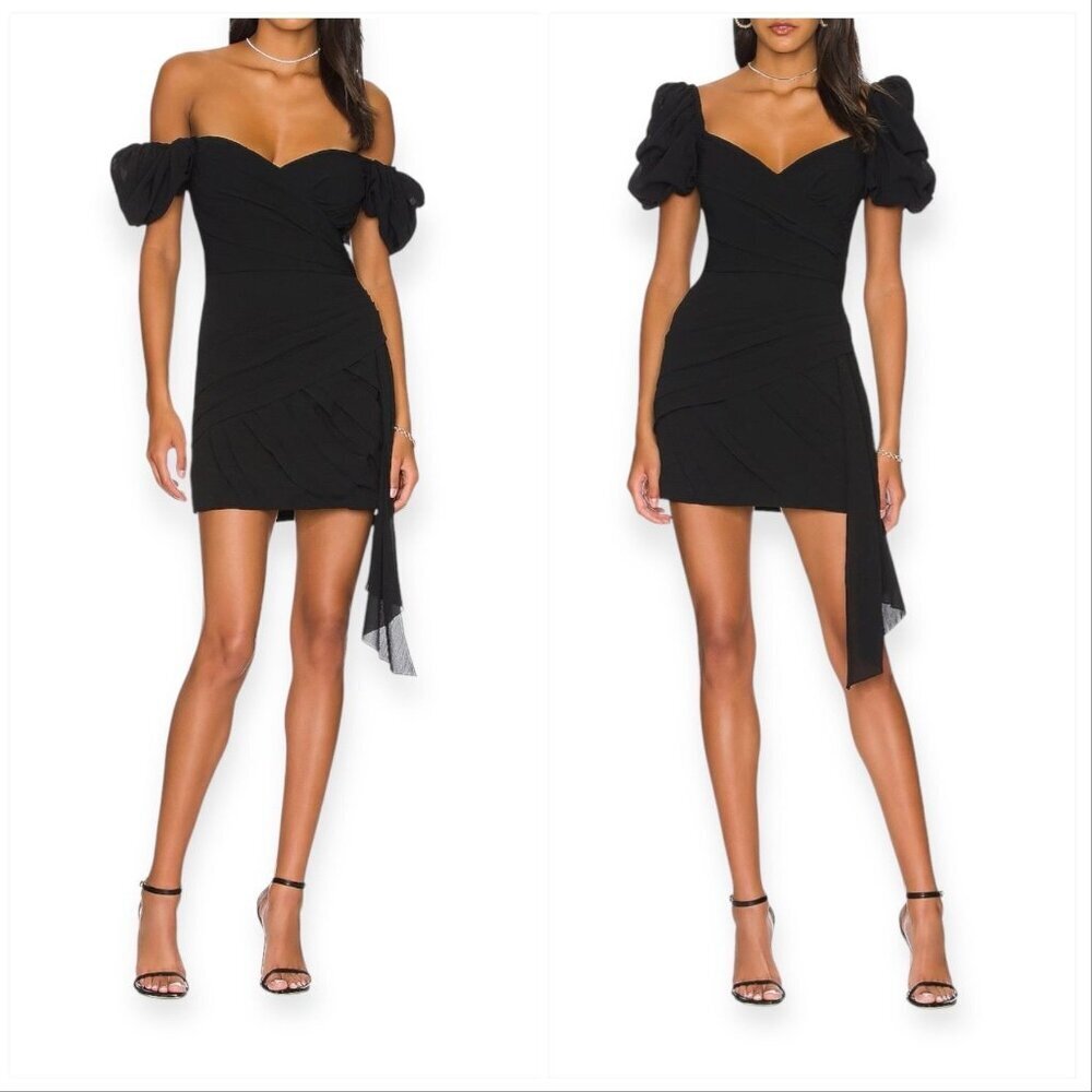 Ronny Kobo Diana Dress Black Puff Sleeve Off Shoulder Mini Size M NWT $498